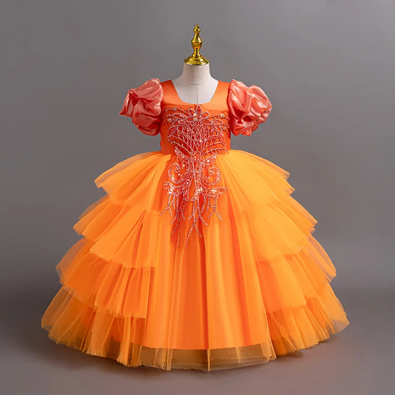 New Girls' Clothing Long Wedding Bridesmaid Dress Suitable for Children Elegant Girls Bubble Sleeves Christmas Performance Dress