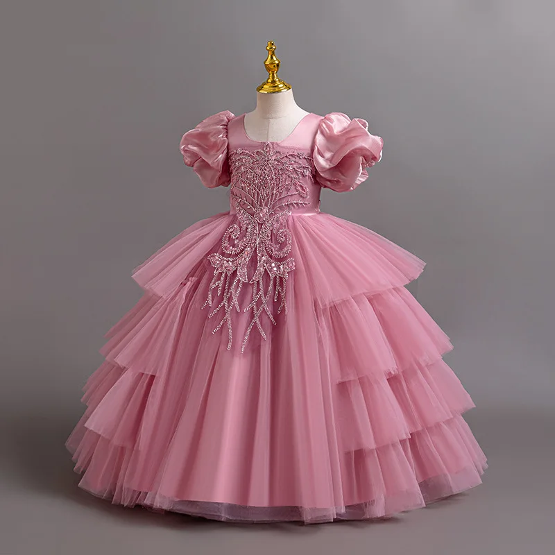 New Girls' Clothing Long Wedding Bridesmaid Dress Suitable for Children Elegant Girls Bubble Sleeves Christmas Performance Dress