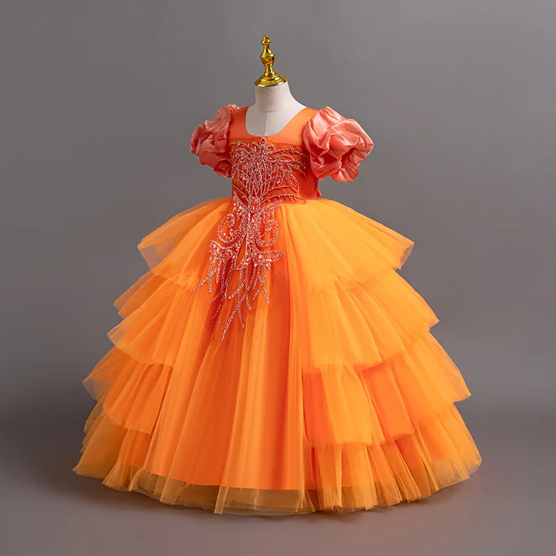 New Girls' Clothing Long Wedding Bridesmaid Dress Suitable for Children Elegant Girls Bubble Sleeves Christmas Performance Dress