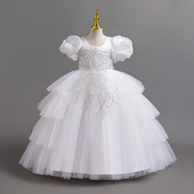 New Girls' Clothing Long Wedding Bridesmaid Dress Suitable for Children Elegant Girls Bubble Sleeves Christmas Performance Dress