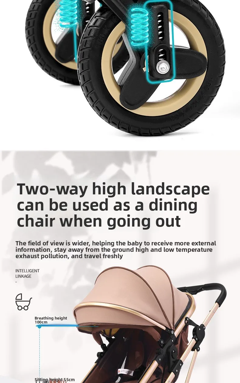 Newborn 3-in-1 Stroller with High View, Two-way Sitting and Lying Function, Baby Stroller with Carrycot and Car Safety Seat