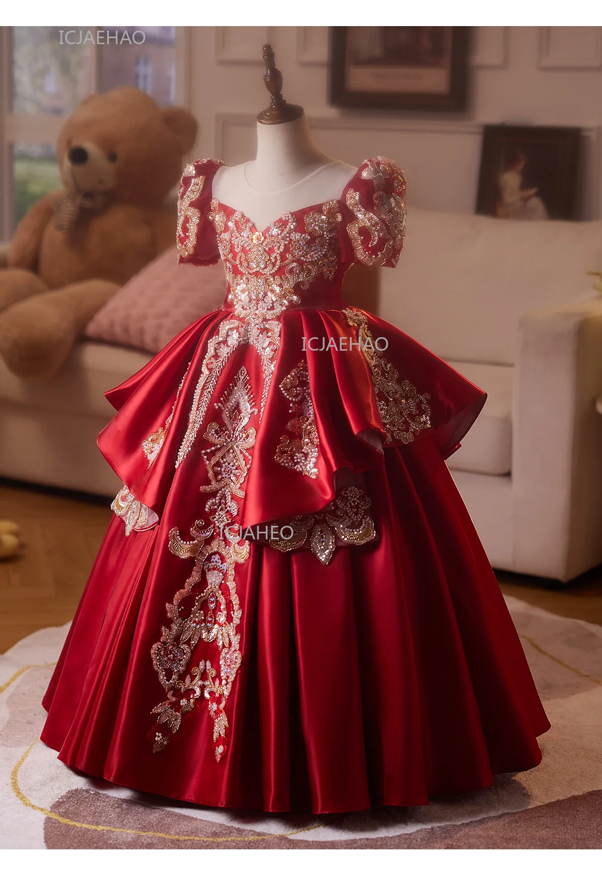 Party Dress Red Children Girls Pageant Host Birthday Wedding Flower Girl Piano Recital Performance Gown Toddler Formal Dresses