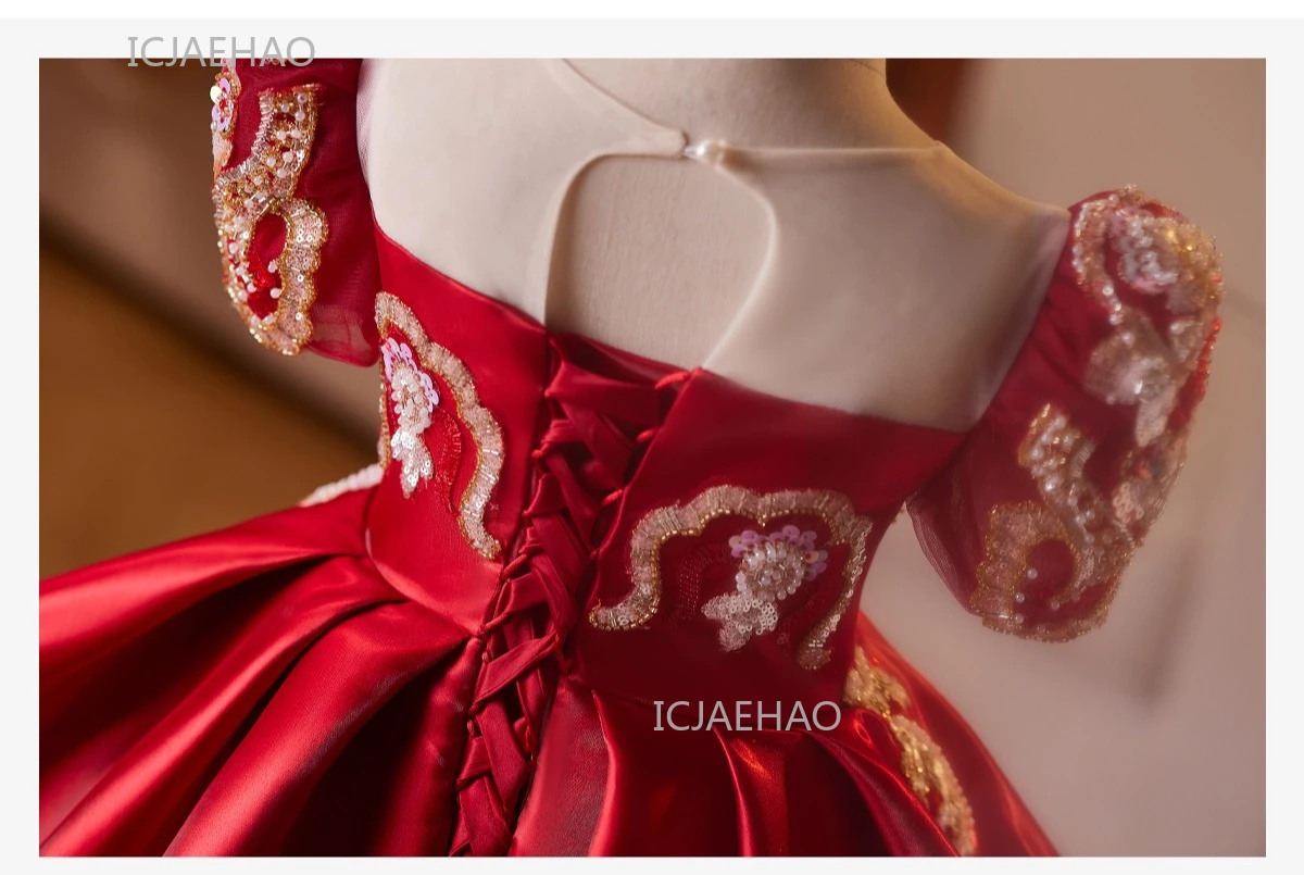 Party Dress Red Children Girls Pageant Host Birthday Wedding Flower Girl Piano Recital Performance Gown Toddler Formal Dresses