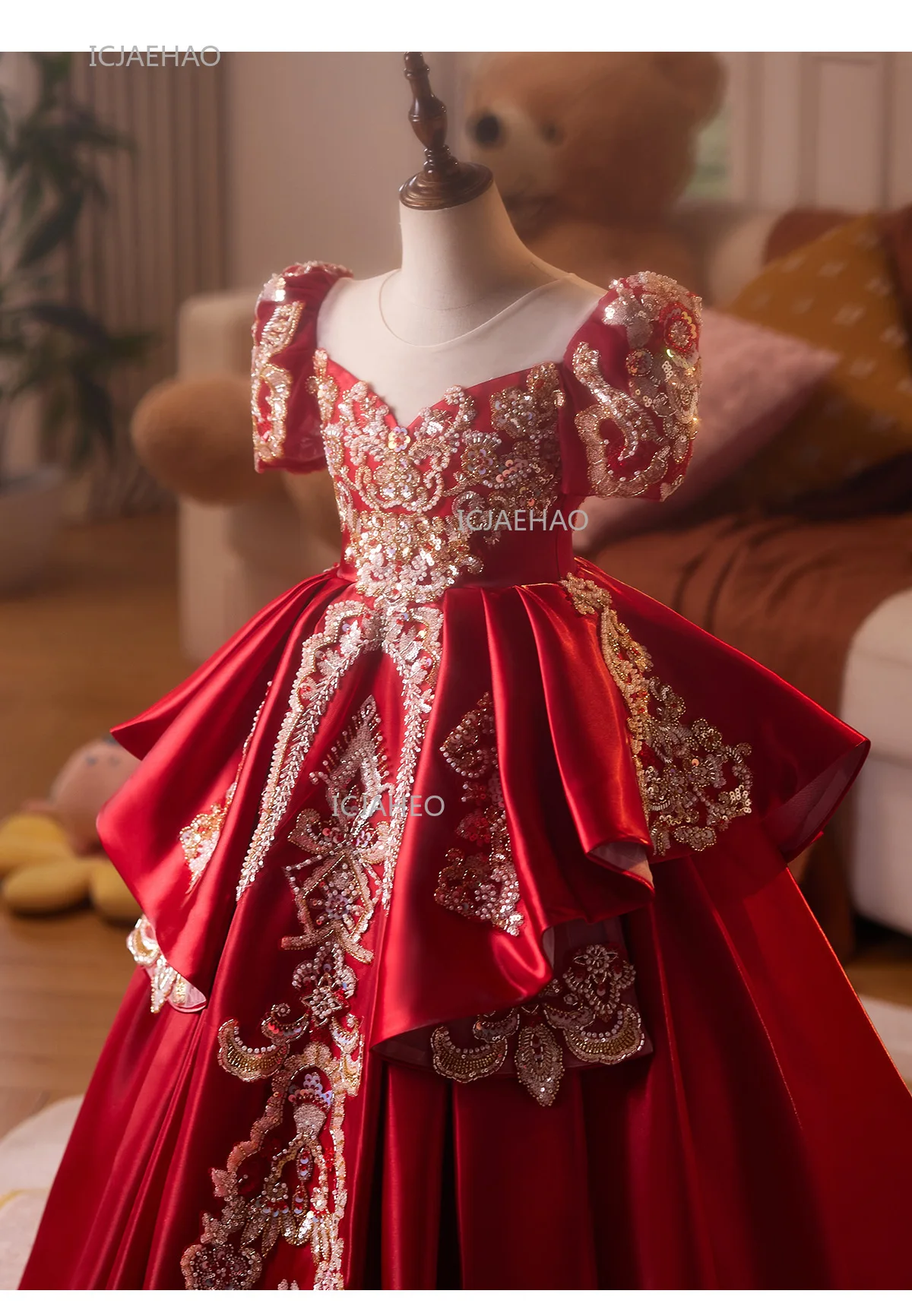 Party Dress Red Children Girls Pageant Host Birthday Wedding Flower Girl Piano Recital Performance Gown Toddler Formal Dresses