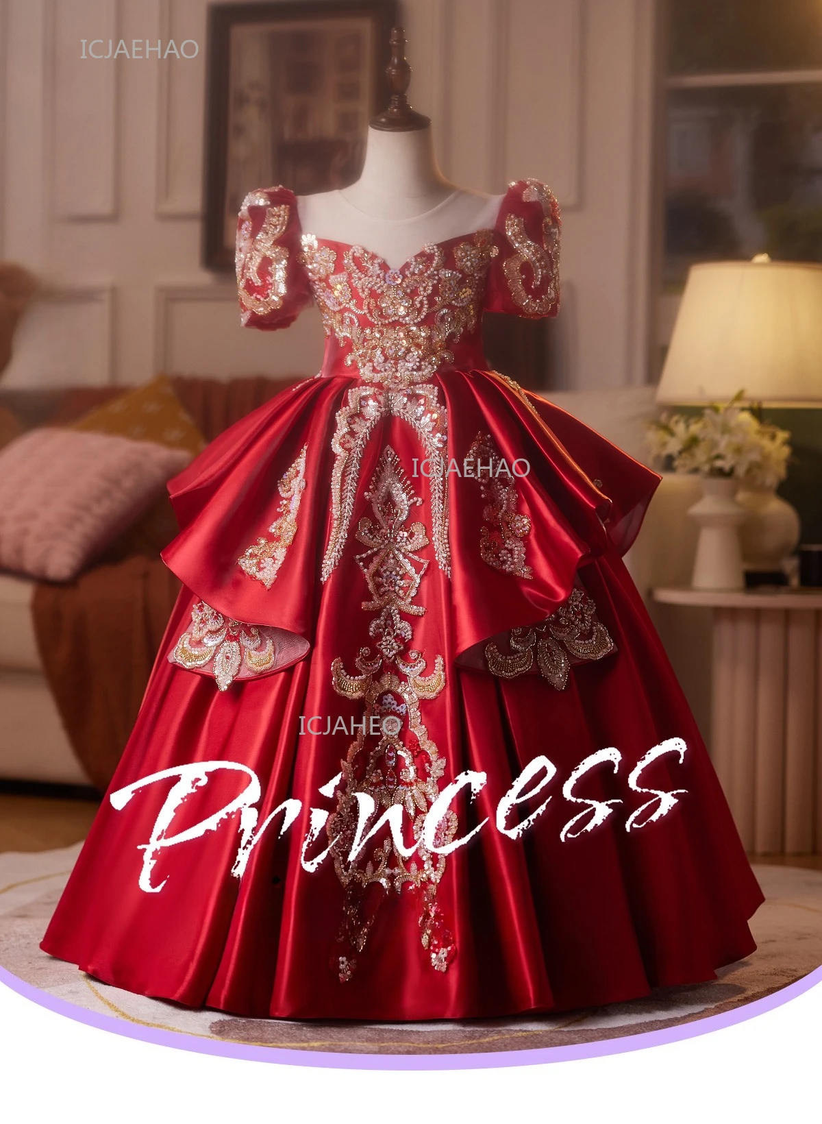 Party Dress Red Children Girls Pageant Host Birthday Wedding Flower Girl Piano Recital Performance Gown Toddler Formal Dresses