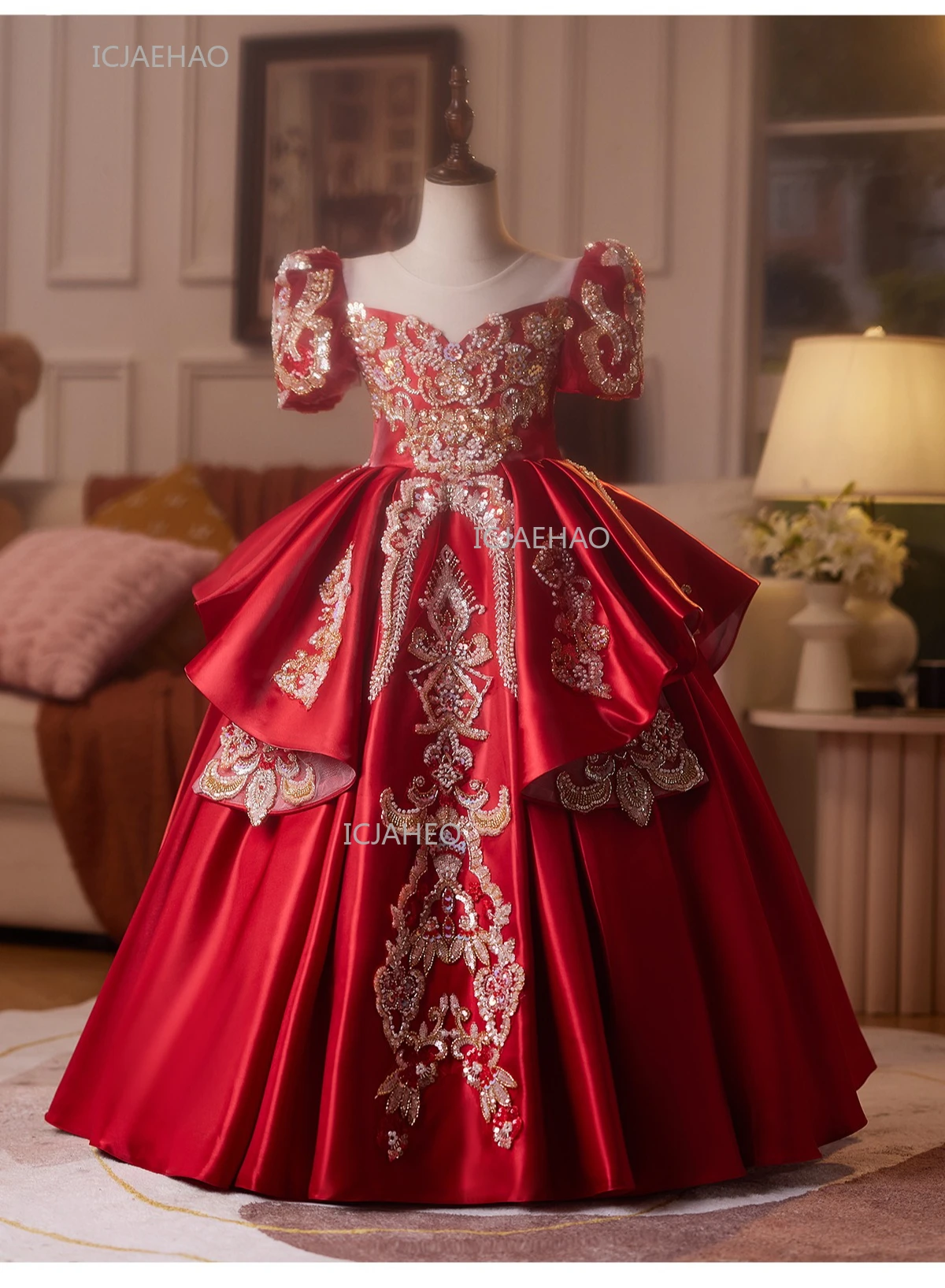Party Dress Red Children Girls Pageant Host Birthday Wedding Flower Girl Piano Recital Performance Gown Toddler Formal Dresses