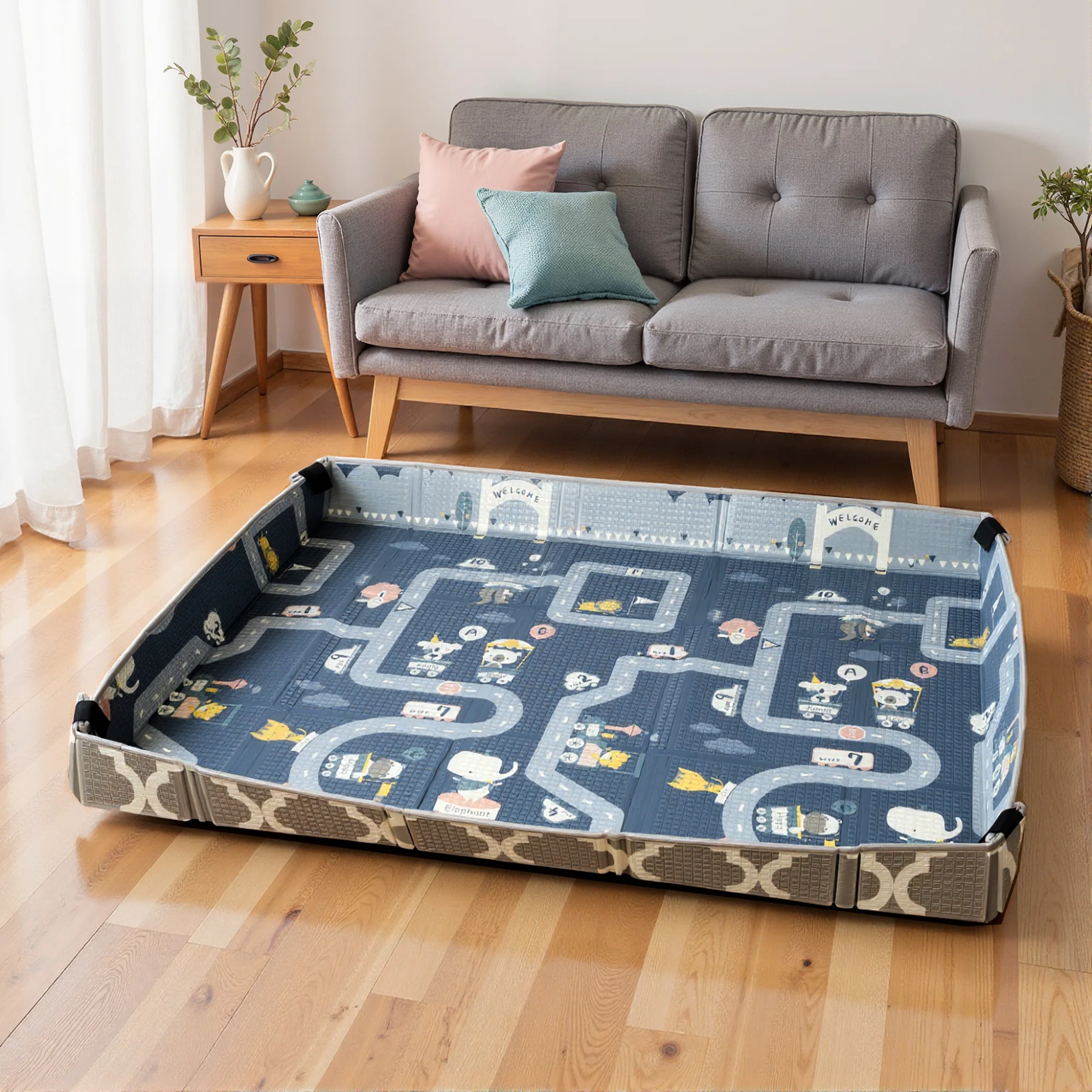 Aiyaplay Reversible Foldable Padded Baby Rug 202X180.5X1 cm Foldable Sides Waterproof Multicolor