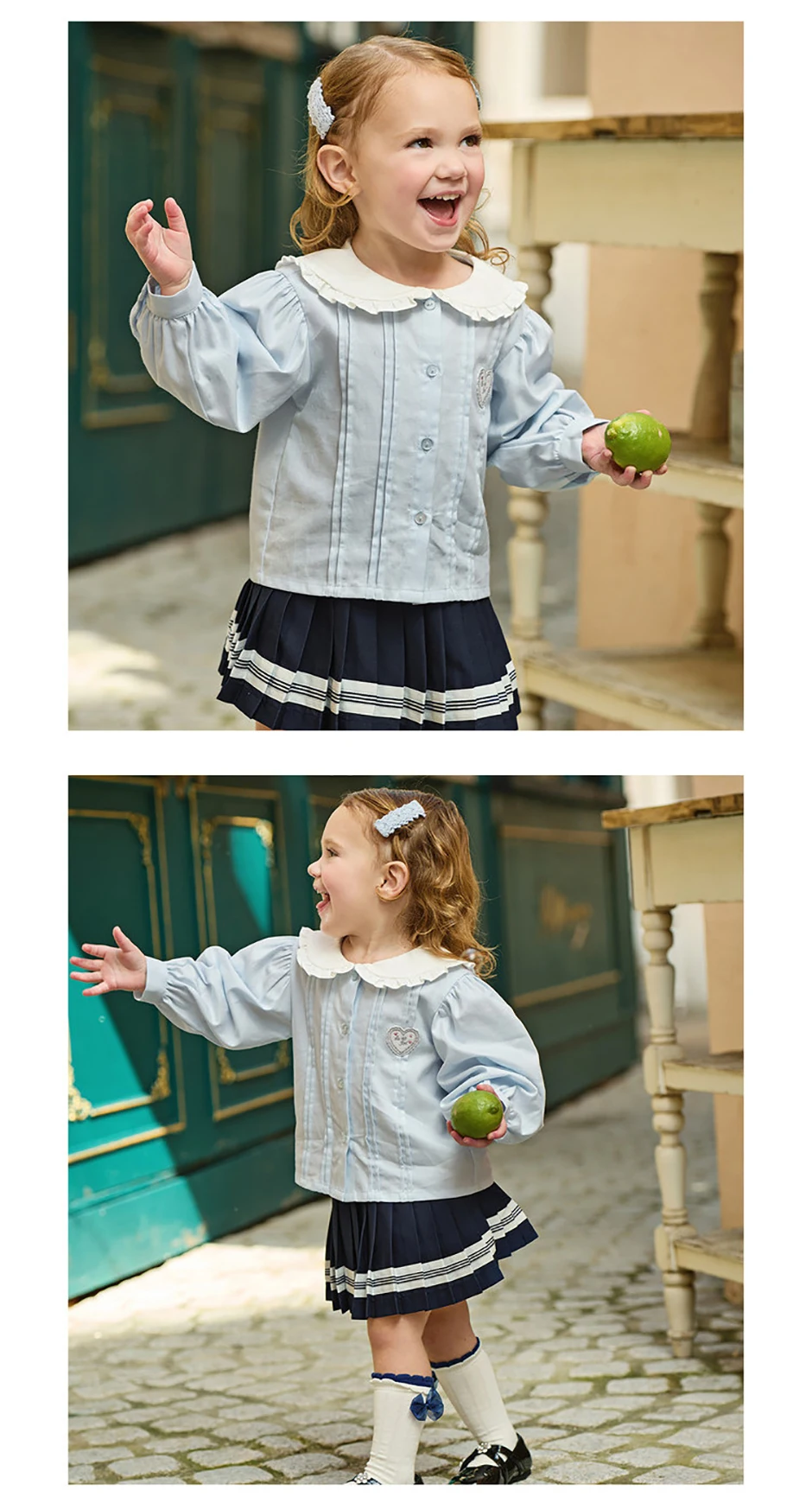 Dave Bella Children Half Skirt Set Autumn Spring Girls Lace Collar Top Pleated Skirt Two Piece Set Kids Casual Clothes DB1260886