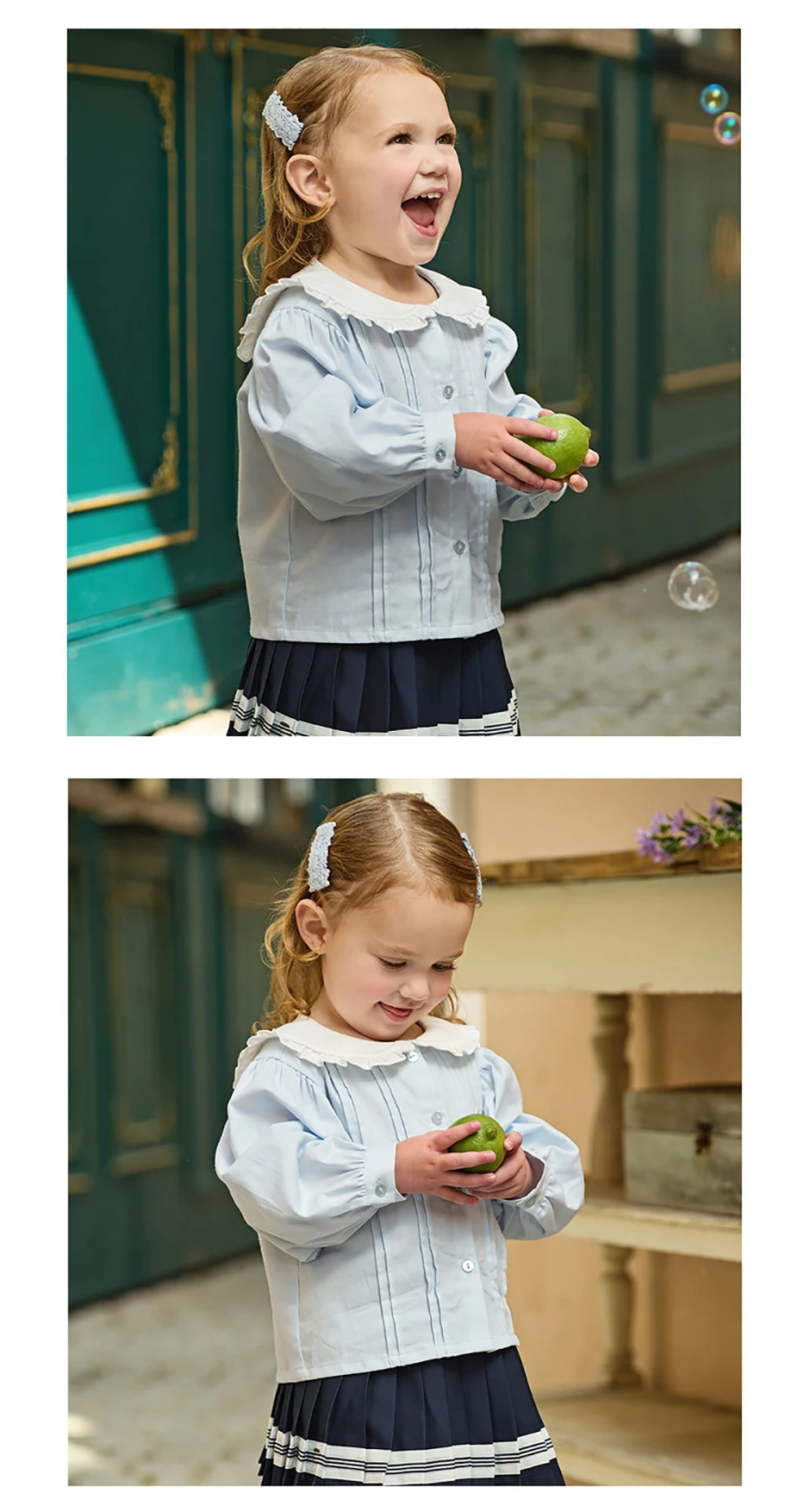 Dave Bella Children Half Skirt Set Autumn Spring Girls Lace Collar Top Pleated Skirt Two Piece Set Kids Casual Clothes DB1260886