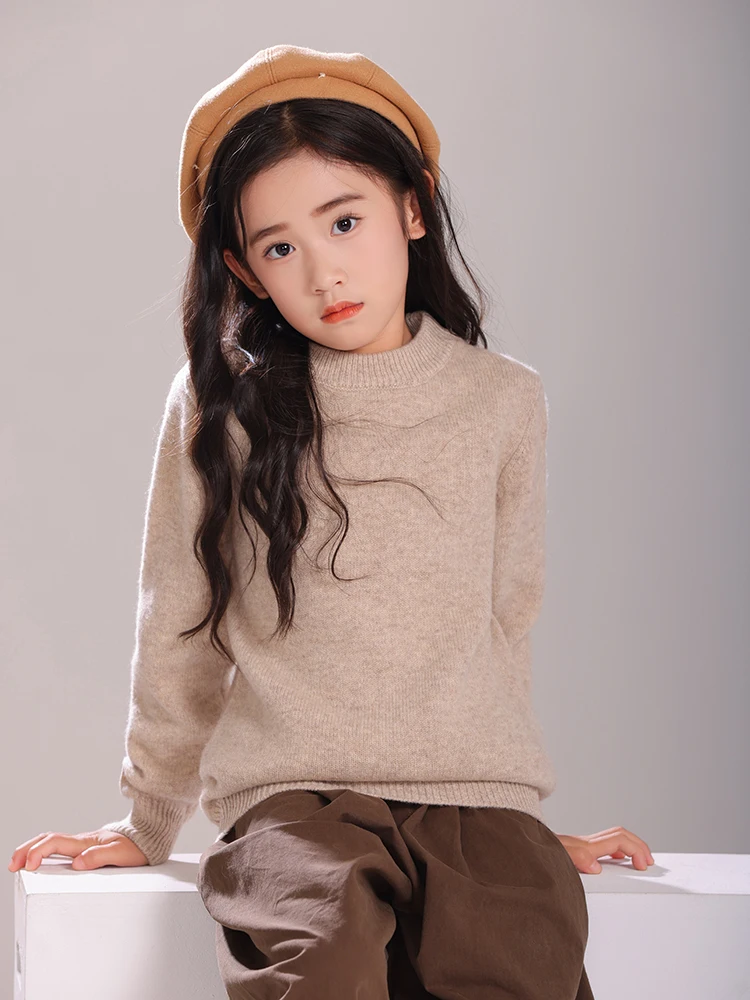 Children's Wool Sweater Pullover Autumn Winter Girls Boys Basic Mock Neck 100% Merino Wool Knitwear Kids Cashmere Thick Clothing
