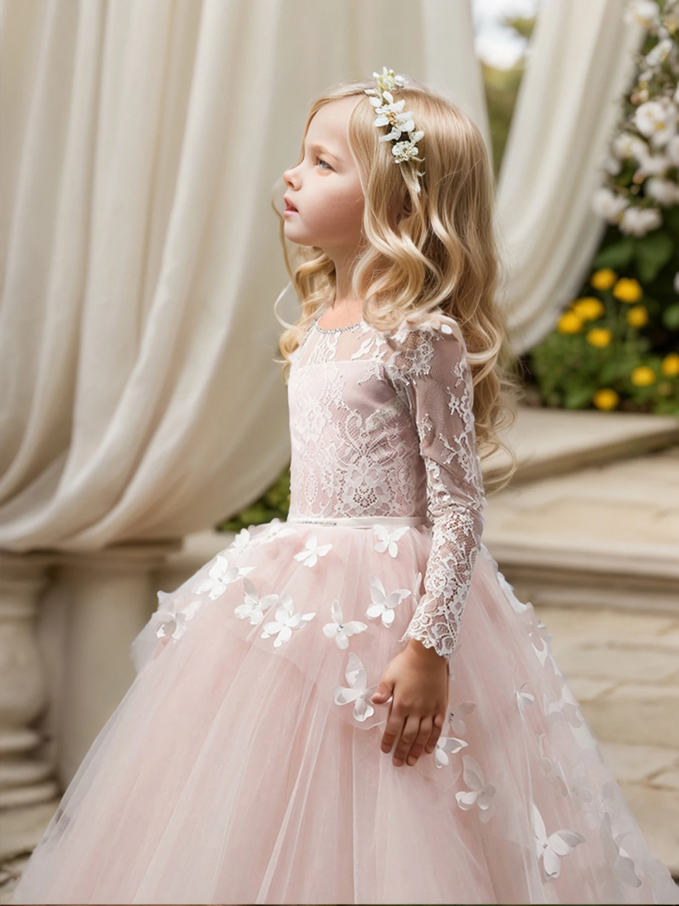 Elegant and Lovely butterfly Floor Mopping Flower Girl Wedding Dress, Lace Long-Sleeved Ball Dress