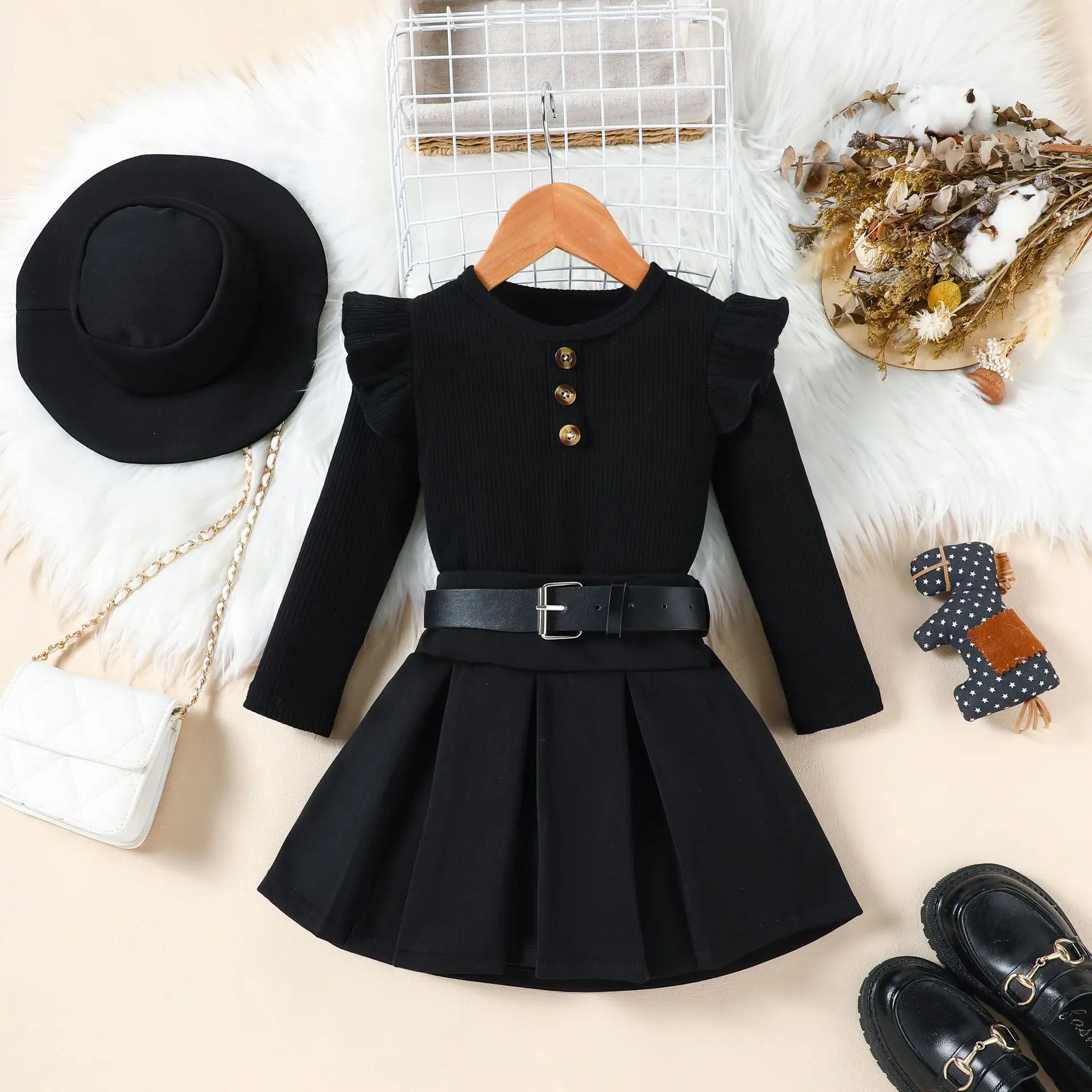 2025 Autumn And Winter Outfits Kids Girls' 3 Pcs Set Dress + Belt + Hat New Clothes For Baby Girls Toddler Clothing For 2-8Year