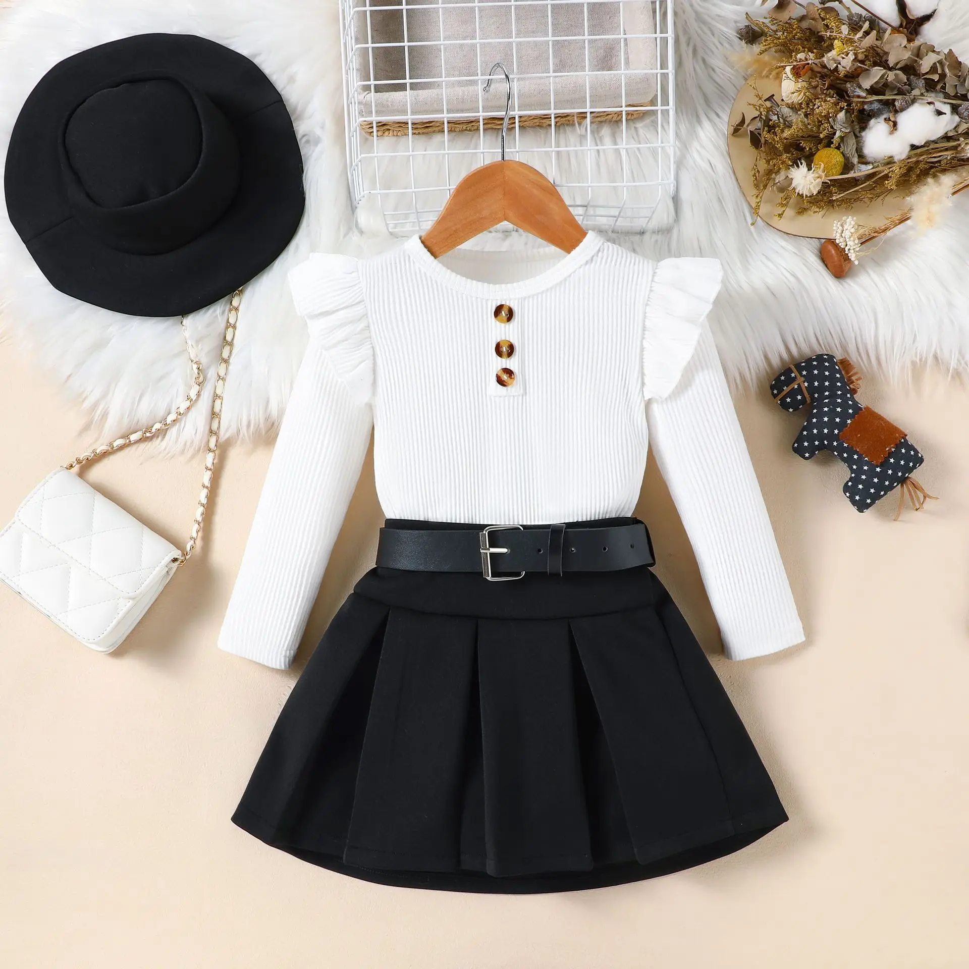 2025 Autumn And Winter Outfits Kids Girls' 3 Pcs Set Dress + Belt + Hat New Clothes For Baby Girls Toddler Clothing For 2-8Year