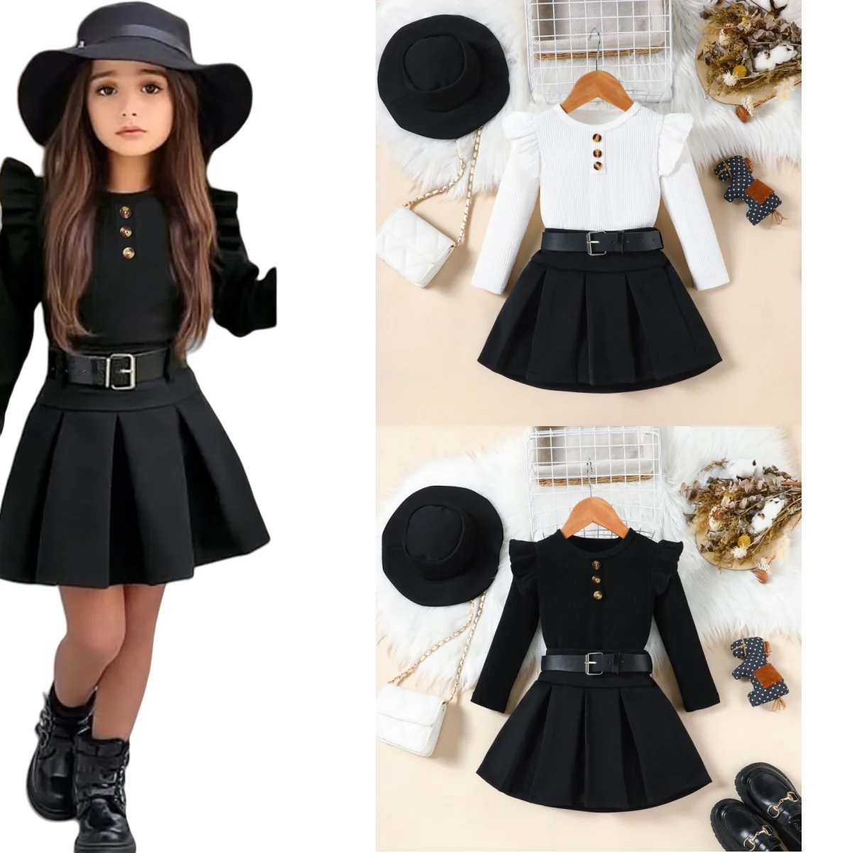 2025 Autumn And Winter Outfits Kids Girls' 3 Pcs Set Dress + Belt + Hat New Clothes For Baby Girls Toddler Clothing For 2-8Year