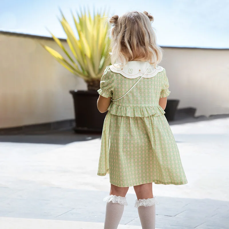 Dave Bella Girls Baby Princess Dress Summer Charm Sweet Elegant Children's Green Plaid Thin Dress Gentle Wallet Party DB2252325