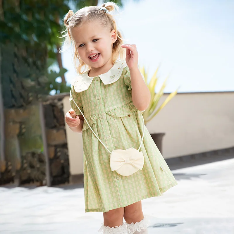 Dave Bella Girls Baby Princess Dress Summer Charm Sweet Elegant Children's Green Plaid Thin Dress Gentle Wallet Party DB2252325