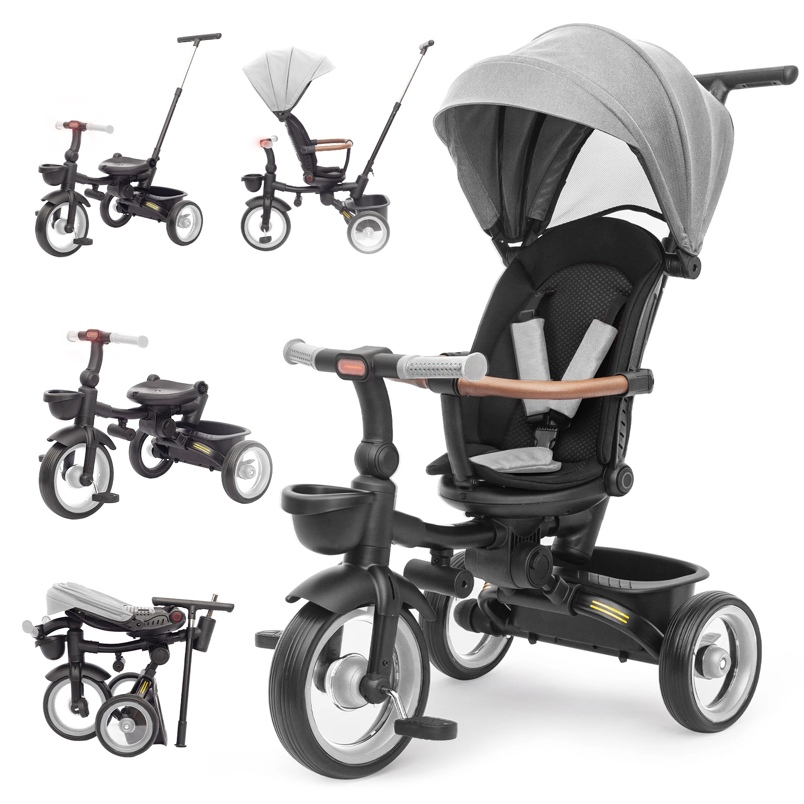 Baby Tricycle, 7-in-1 Folding Tricycle for Children from 6 Months to 5 Years, Brake Pedal, Extended Hood, Removable Railing