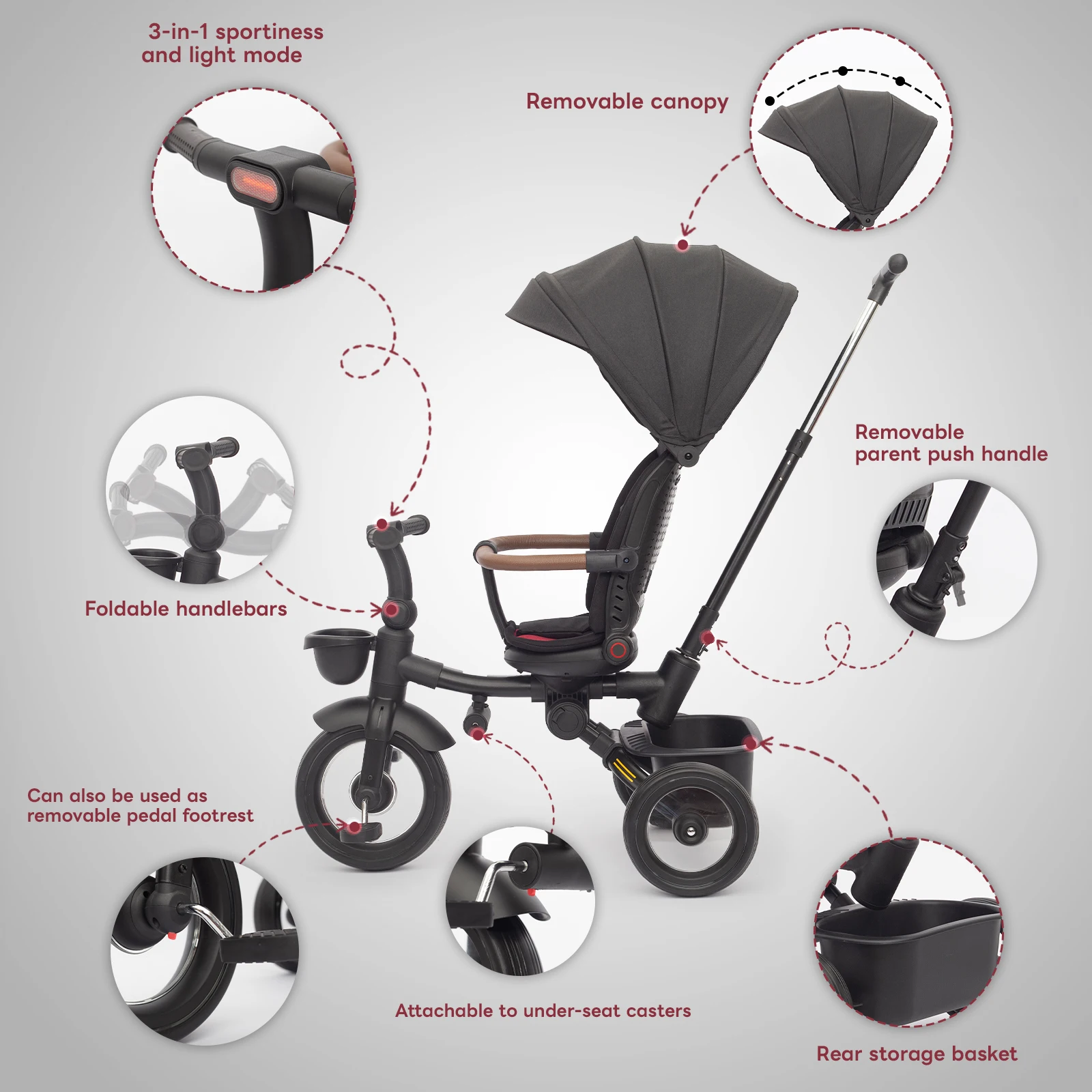 Baby Tricycle, 7-in-1 Folding Tricycle for Children from 6 Months to 5 Years, Brake Pedal, Extended Hood, Removable Railing