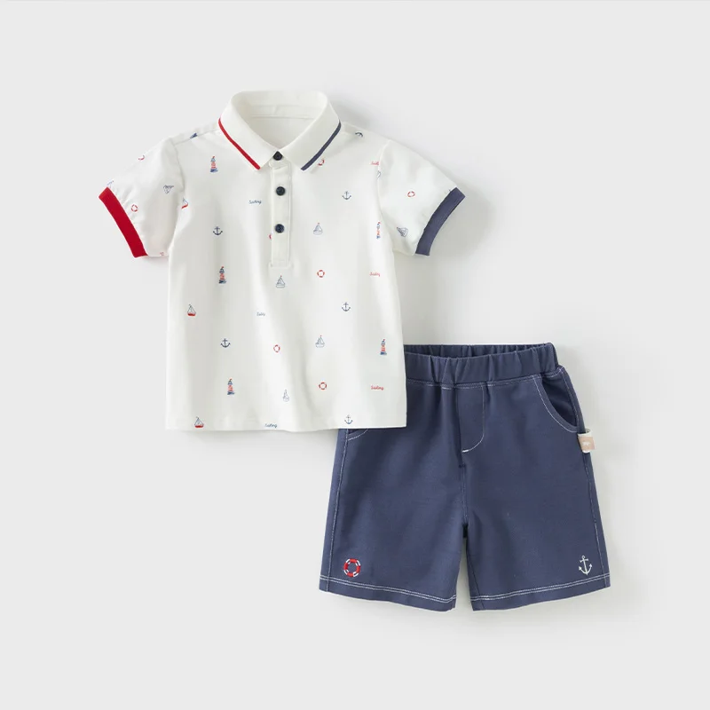 Dave Bella Short Sleeve Polo T-shirt Shorts Set for Boys Summer Two-piece Suits Children Cotton T-shirt Casual Shorts DB2251400