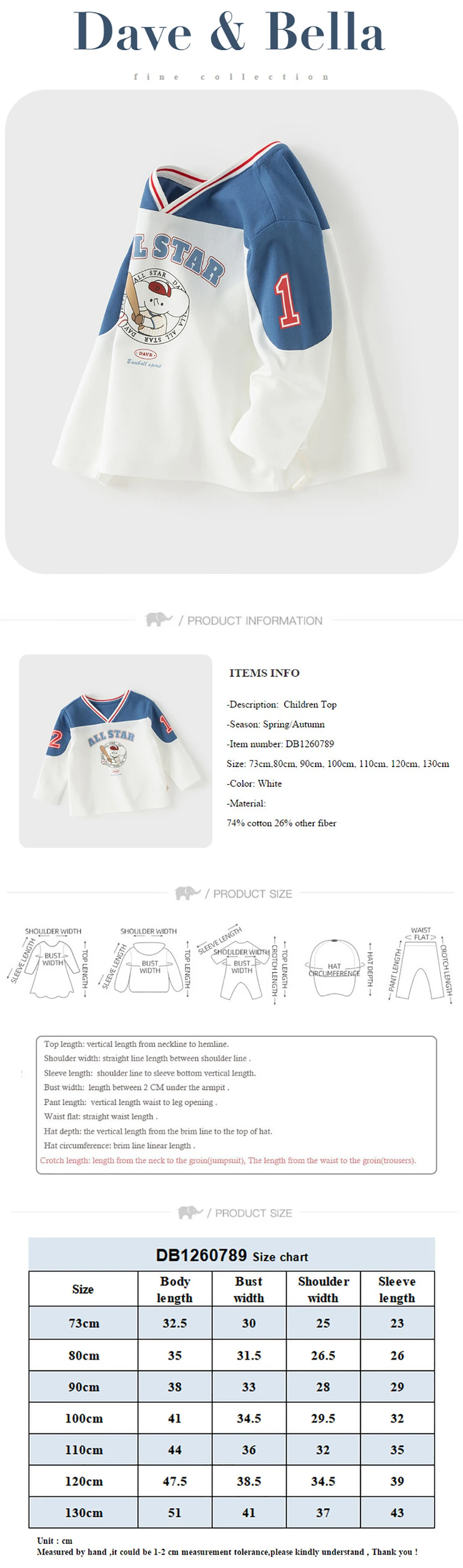 Dave Bella Children Cotton Pullover Spring Autumn Boys Clothes Kids Cartoon Print V-neck T-shirt Baby Long Sleeve Tops DB1260789