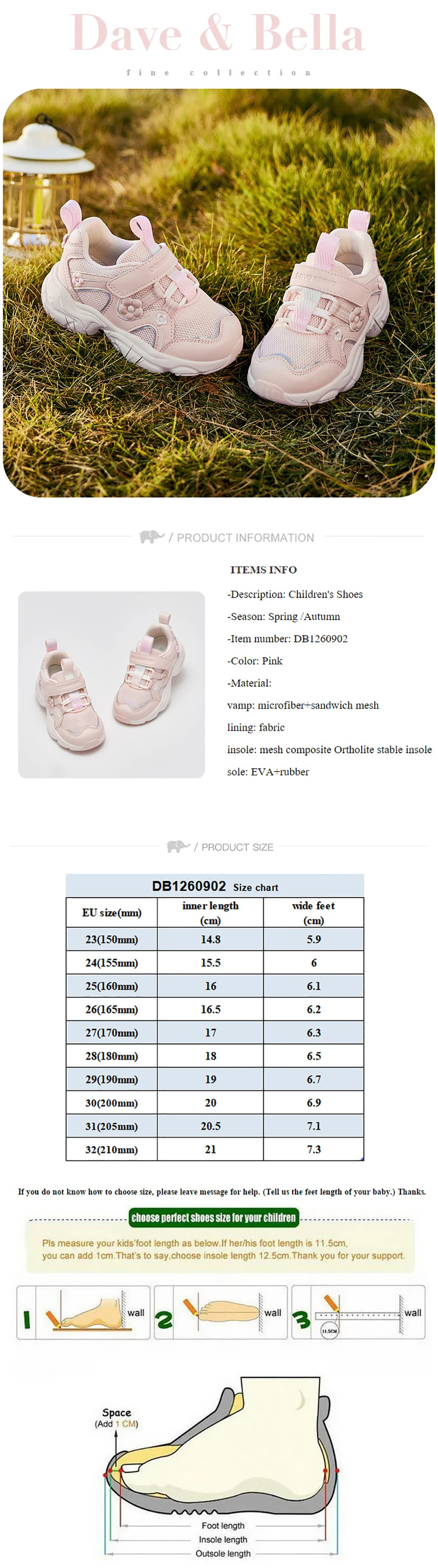 Dave Bella Girls Sneaker Children Spring Shoes Autumn Breathable Kids Cozy Sports Outdoor Shoes Anti Slip Pink Flower DB1260902
