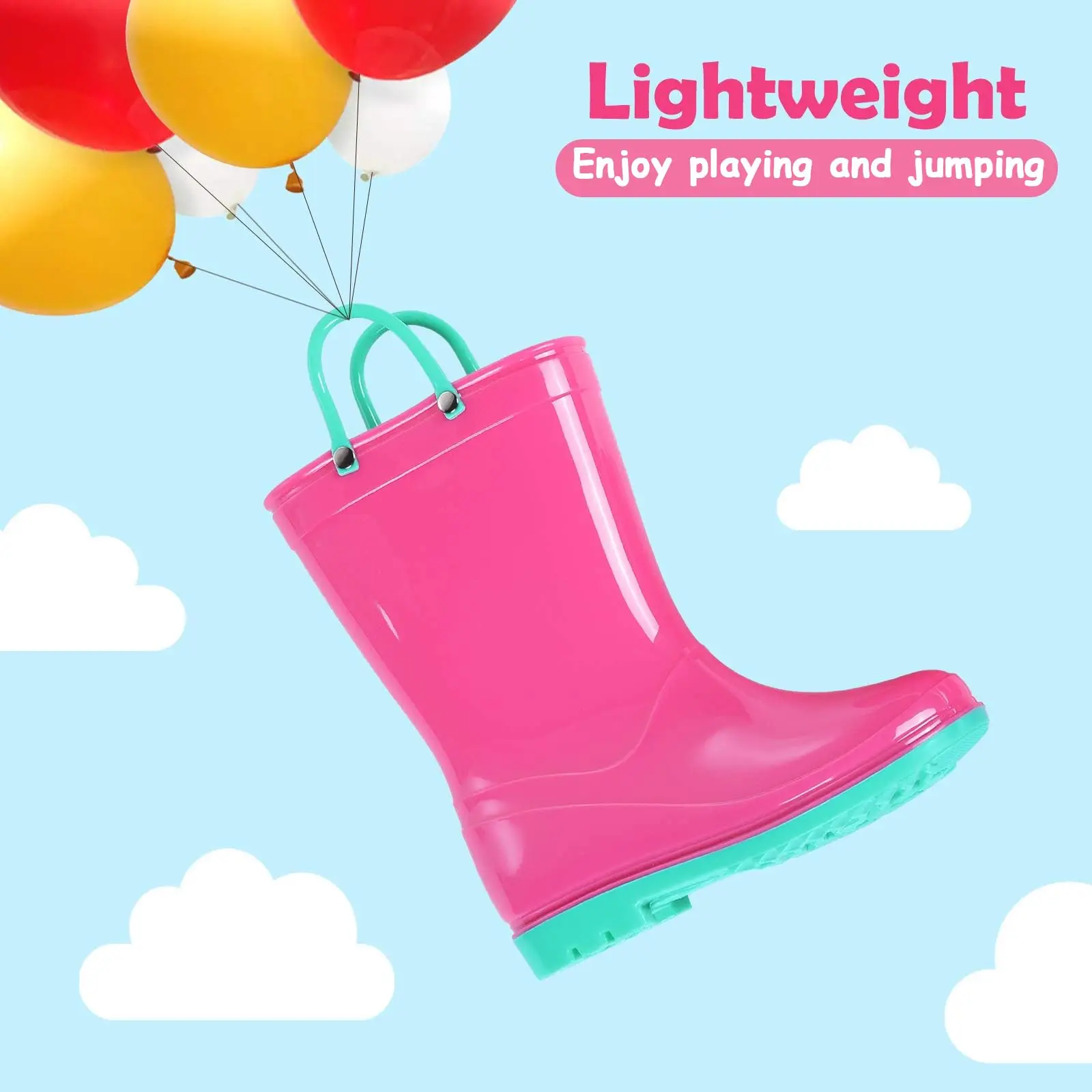 Litfun 2025 New Children Rain Boots Waterproof Non-slip Kids Shoes Rubber Boots With Easy-On Handles Soft Sole Unisex Rain Shoes