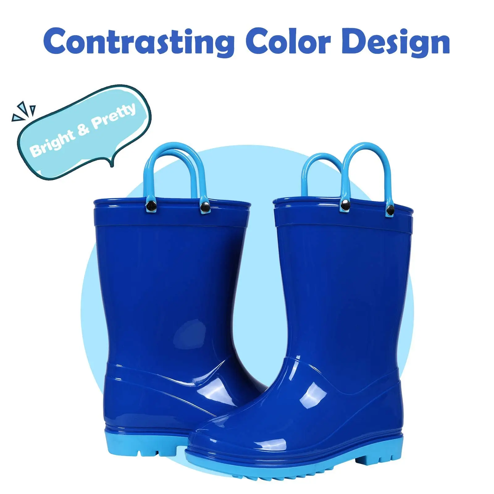 Litfun 2025 New Children Rain Boots Waterproof Non-slip Kids Shoes Rubber Boots With Easy-On Handles Soft Sole Unisex Rain Shoes