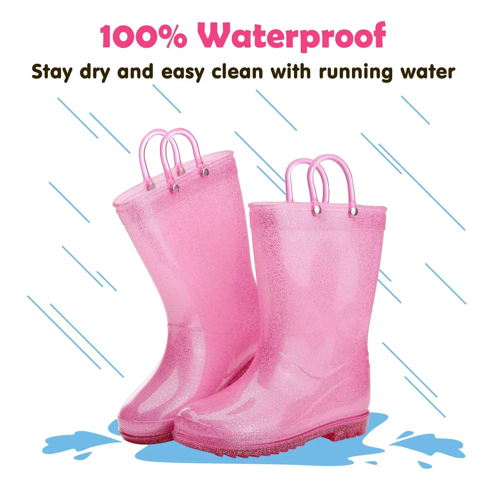 Litfun 2025 New Children Rain Boots Waterproof Non-slip Kids Shoes Rubber Boots With Easy-On Handles Soft Sole Unisex Rain Shoes