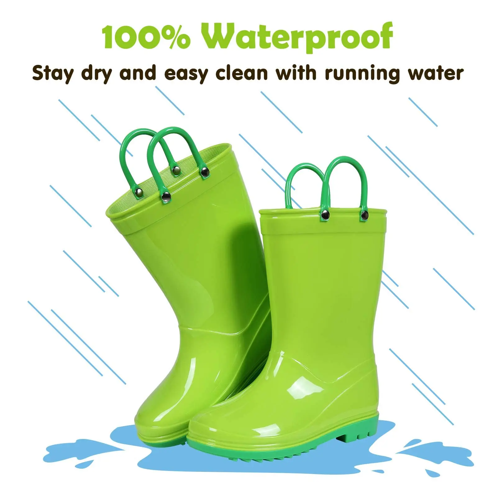 Litfun 2025 New Children Rain Boots Waterproof Non-slip Kids Shoes Rubber Boots With Easy-On Handles Soft Sole Unisex Rain Shoes