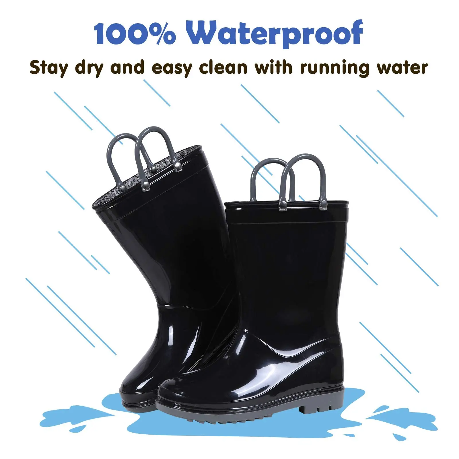 Litfun 2025 New Children Rain Boots Waterproof Non-slip Kids Shoes Rubber Boots With Easy-On Handles Soft Sole Unisex Rain Shoes