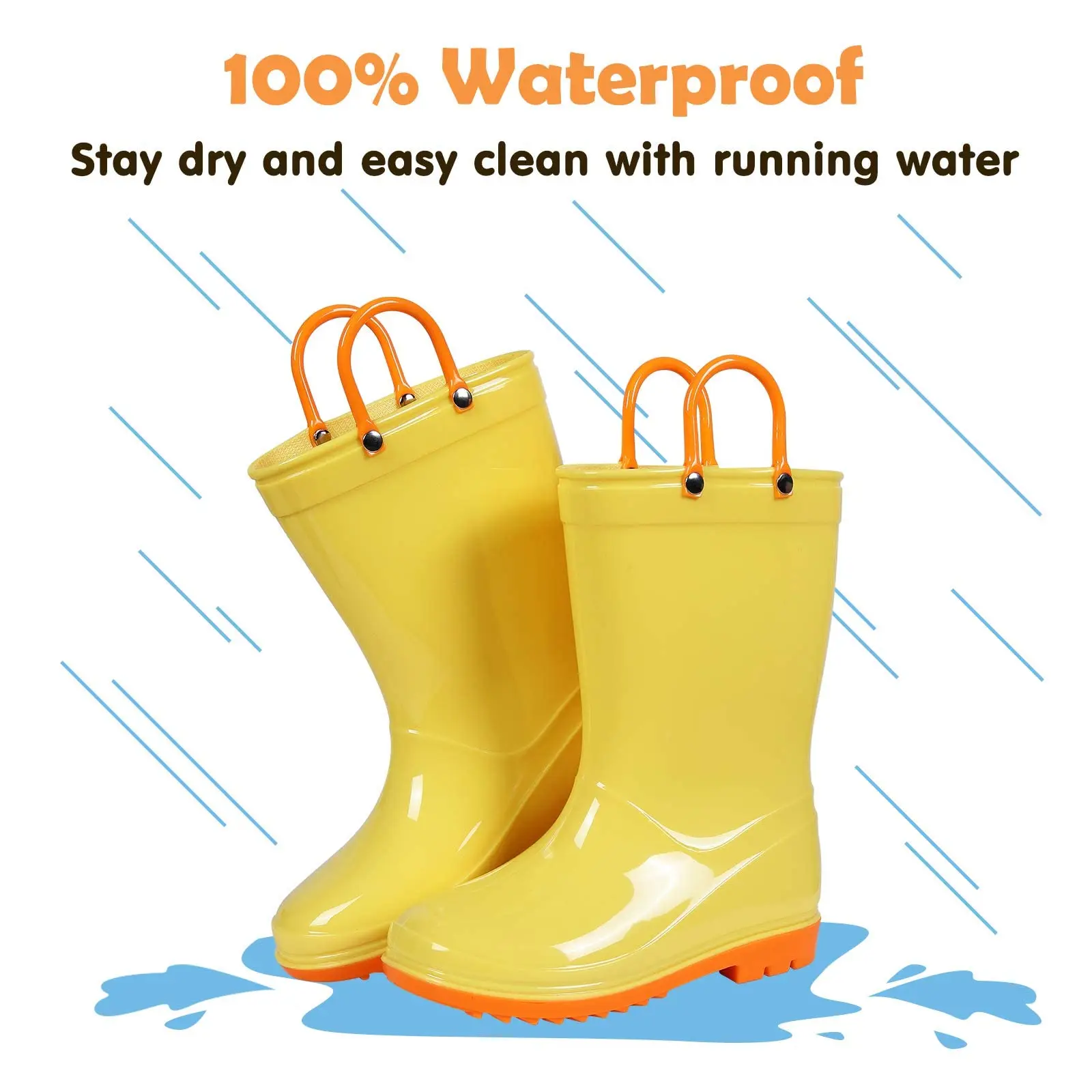 Litfun 2025 New Children Rain Boots Waterproof Non-slip Kids Shoes Rubber Boots With Easy-On Handles Soft Sole Unisex Rain Shoes