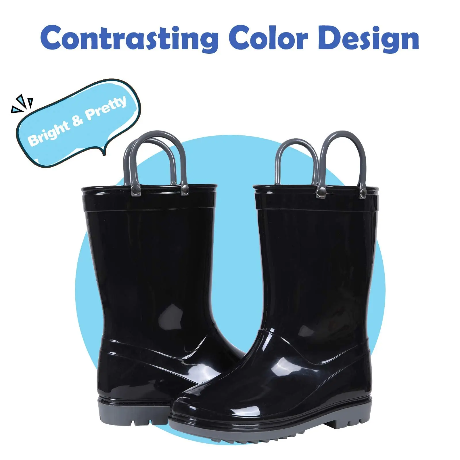 Litfun 2025 New Children Rain Boots Waterproof Non-slip Kids Shoes Rubber Boots With Easy-On Handles Soft Sole Unisex Rain Shoes