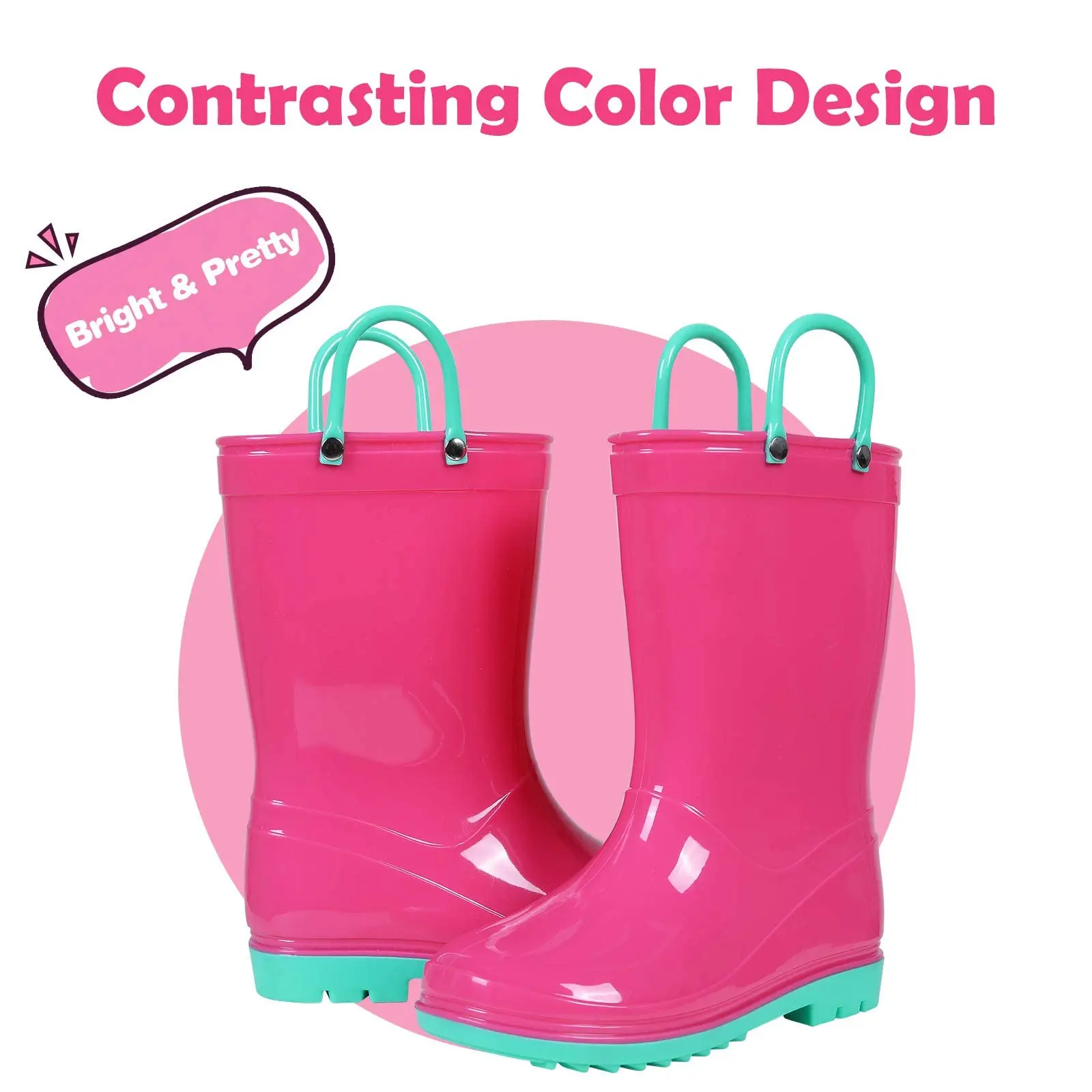 Litfun 2025 New Children Rain Boots Waterproof Non-slip Kids Shoes Rubber Boots With Easy-On Handles Soft Sole Unisex Rain Shoes
