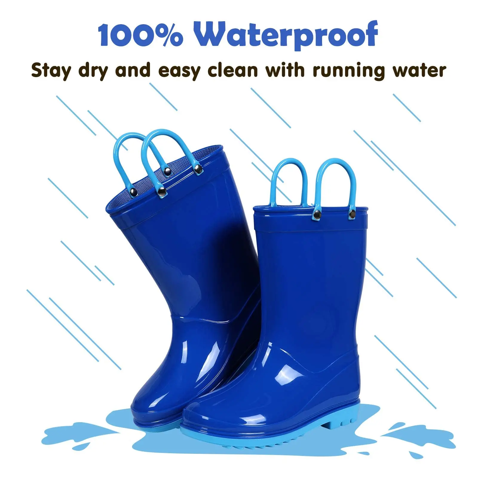 Litfun 2025 New Children Rain Boots Waterproof Non-slip Kids Shoes Rubber Boots With Easy-On Handles Soft Sole Unisex Rain Shoes