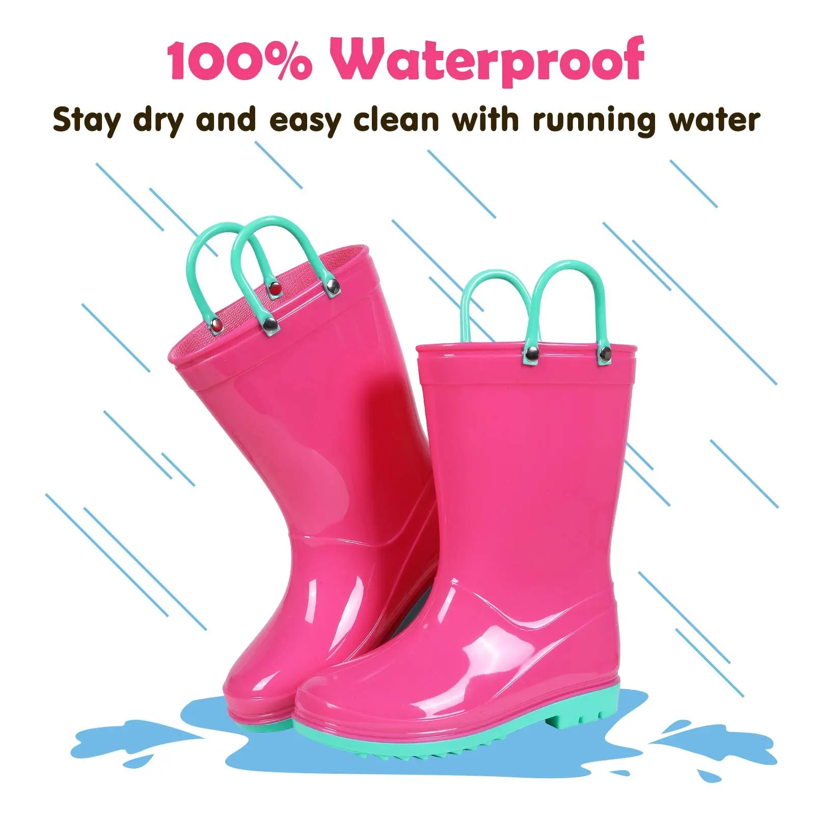 Litfun 2025 New Children Rain Boots Waterproof Non-slip Kids Shoes Rubber Boots With Easy-On Handles Soft Sole Unisex Rain Shoes