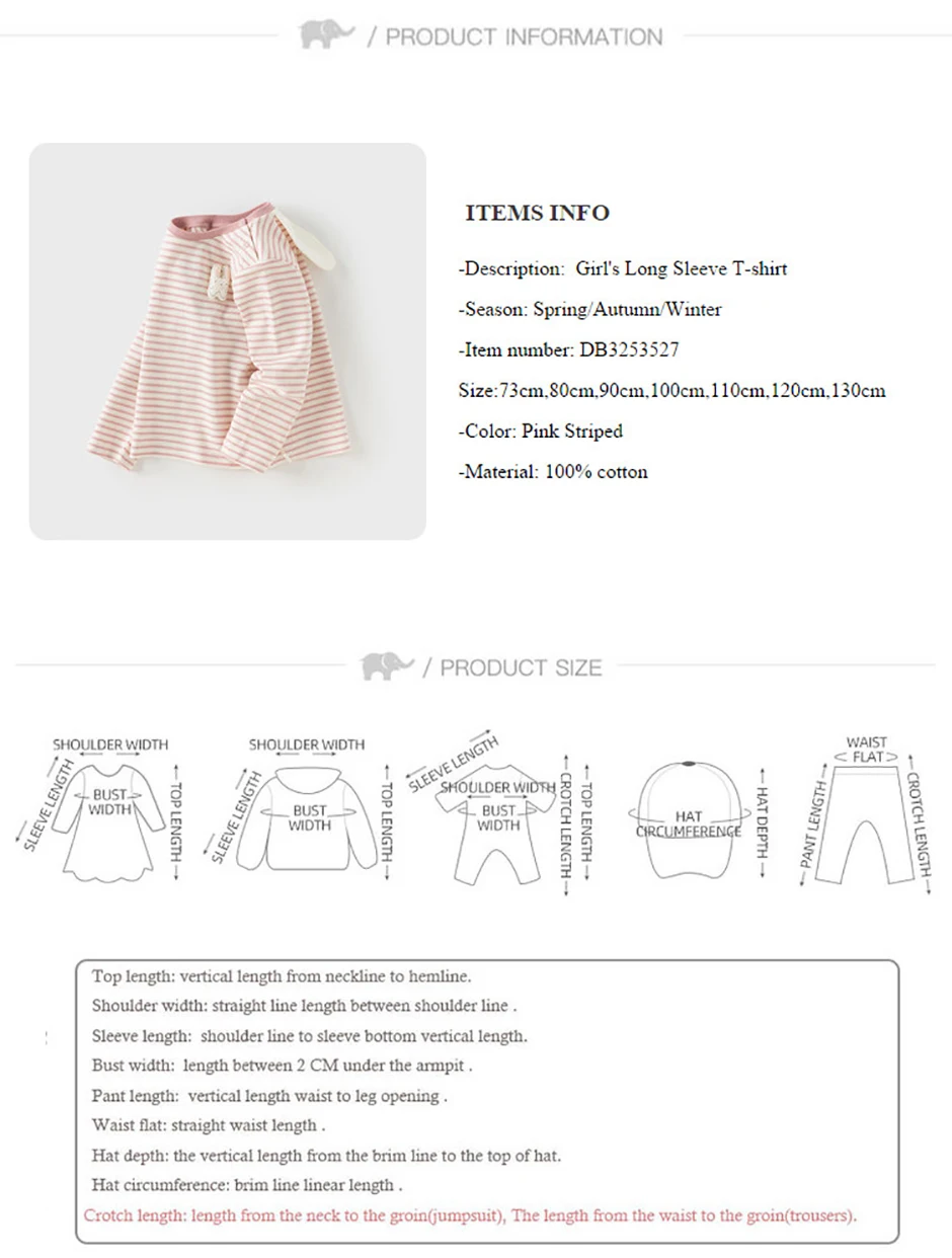 Dave Bella Children's T-shirt Autumn Girl's Sweet Pink Striped Bottoming Shirt Casual Baby Cotton Top Gentle Party DB3253527