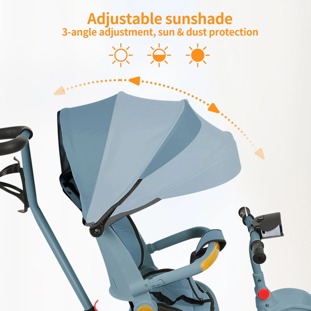 Tricycle From 10 Months, Children's Tricycle, Rotating Seat, Fold-Out Canopy With Sunshade, Cup Holder And Basket Included