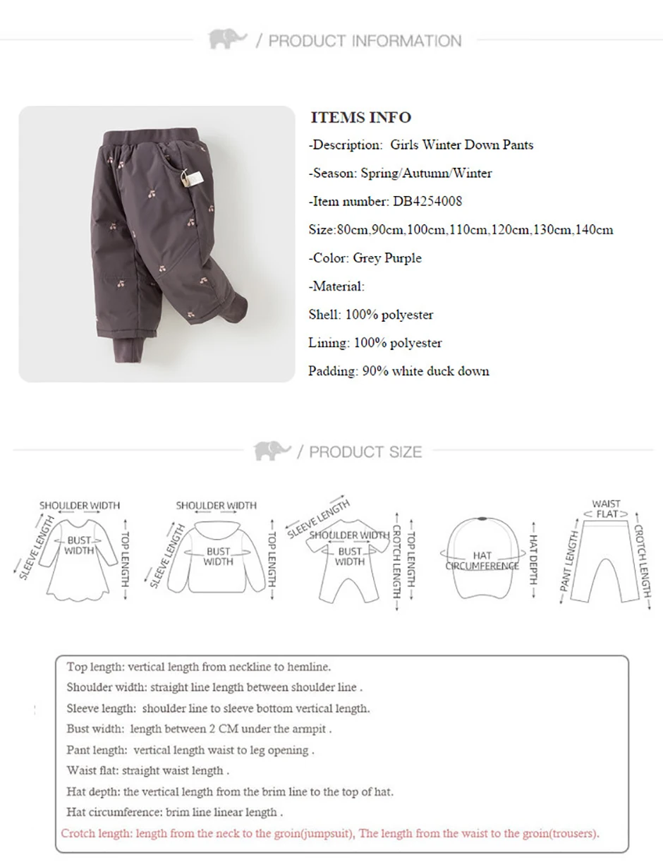 Dave Bella Girls Down Pants Autumn Winter Baby Elastic Waist Plush Trousers Waterproof Outerwear Children Casual Pants DB4254008