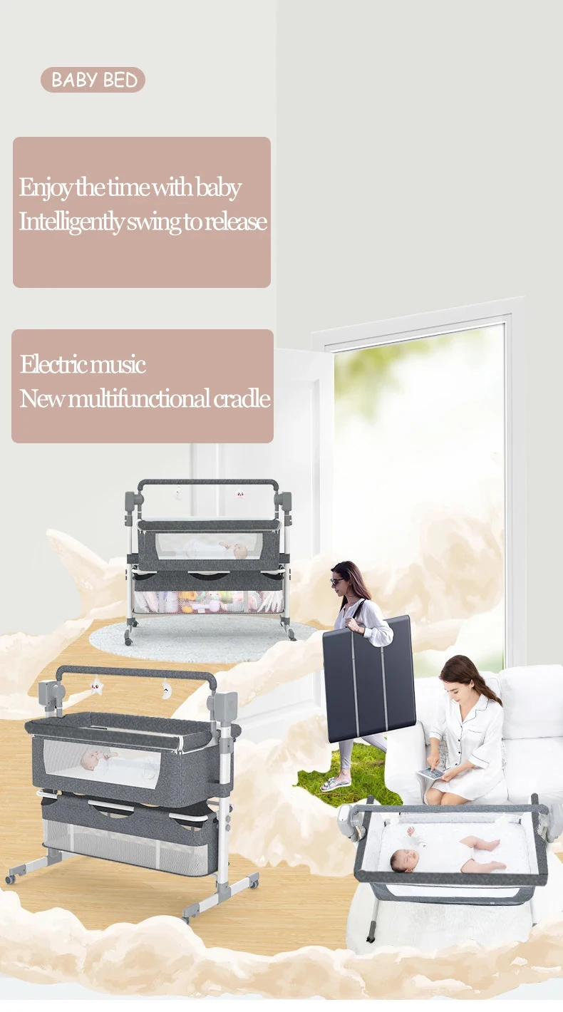 Rocking Baby Cradle Bassinet Bedside Sleeper Crib with Changing Table Manual Rocking Infant Cot Newborn Bed Foldable Portable Nursery Bed Adjustable Height Side Opening Breathable Mesh Storage Basket Lockable Wheels Baby Sleeping Bed