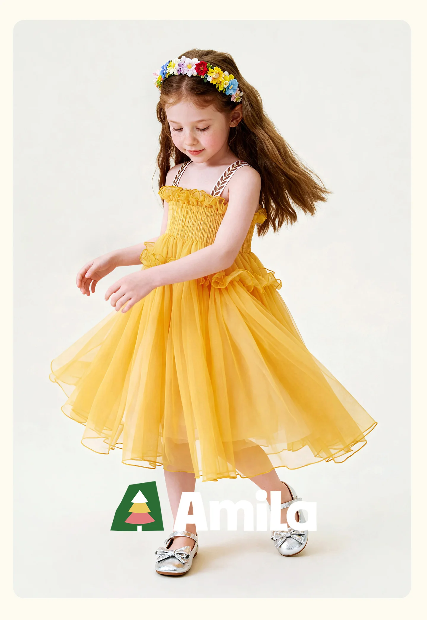 Amila 2026 Summer New Girls' Dress With Soft Mesh Gentle Temperament Sweet And Cute Fluffy Camisole Vest Skirt