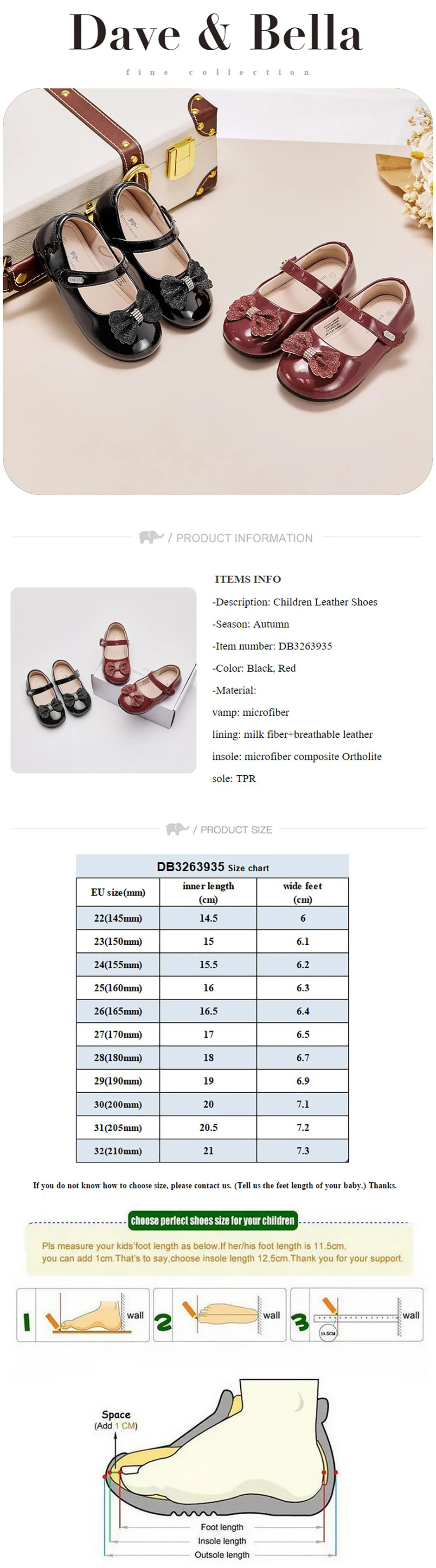 Dave Bella Children Leather Shoes Autumn Baby Girls Princess Shoes Retro Red Black Kids Shoes Anti Slip Elegant Party DB3263935
