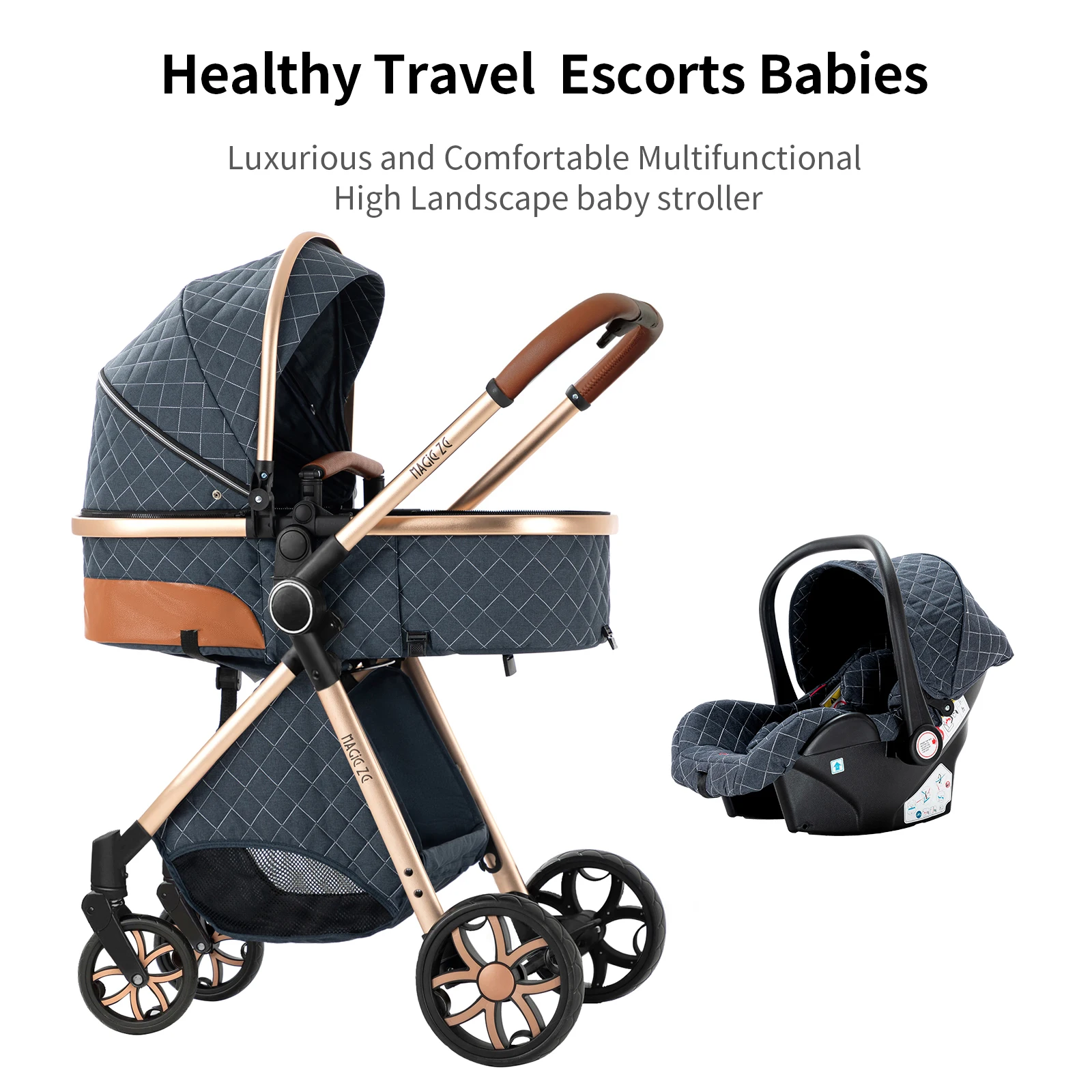 Luxury Stroller 3-in-1 with Car Seat Newborn Five-Point safe Harness Four-wheel Pram Shock-Absorbing Foldable Baby Travel for Air Travel and Long trip Pushchair with Explosion-Proof EVA wheel with Basket New Model Carriage