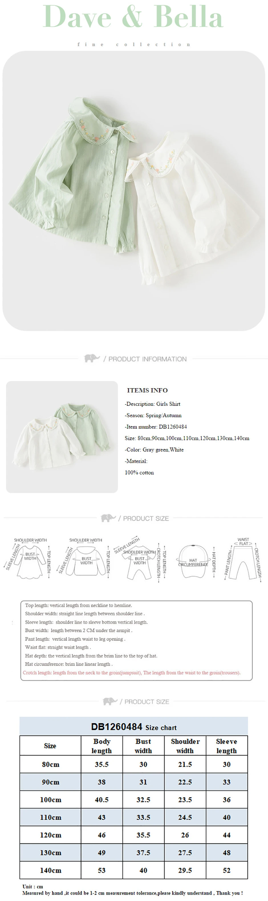 Dave Bella Girls Long Sleeved Spring Shirt Autumn Cotton Children Lapel Blouse Baby Breathable Top Sweet Party Fashion DB1260484