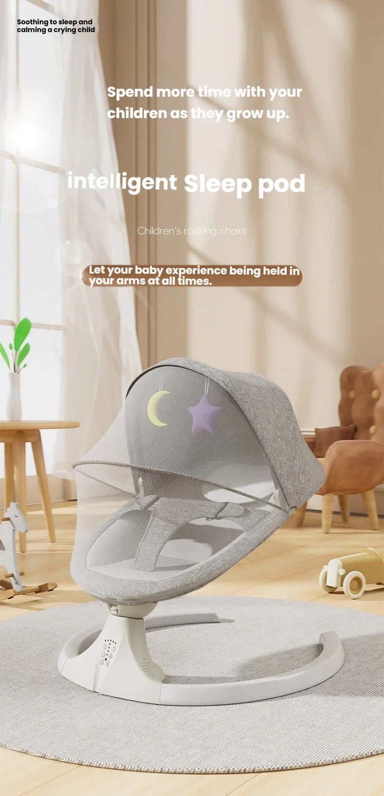 Baby Sleep Electric Swing Chair 15KG Capacity Infant Rocker Bouncer with Gentle Sway 5 Speed Motion Bluetooth Music Remote Control Adjustable Recline Timer Breathable Canopy Safety Harness Portable Baby Care Chair