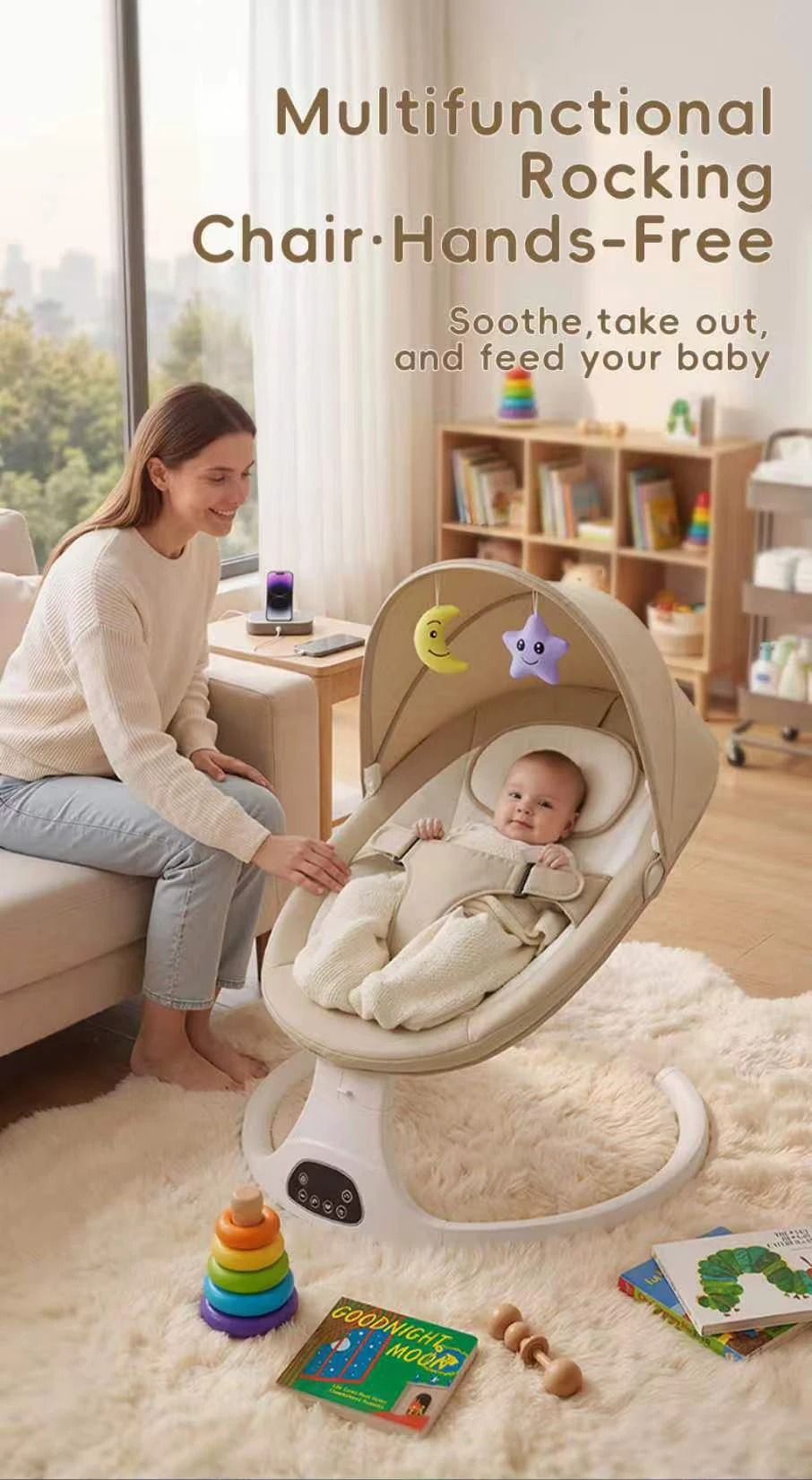 Baby Sleep Electric Swing Chair 15KG Capacity Infant Rocker Bouncer with Gentle Sway 5 Speed Motion Bluetooth Music Remote Control Adjustable Recline Timer Breathable Canopy Safety Harness Portable Baby Care Chair