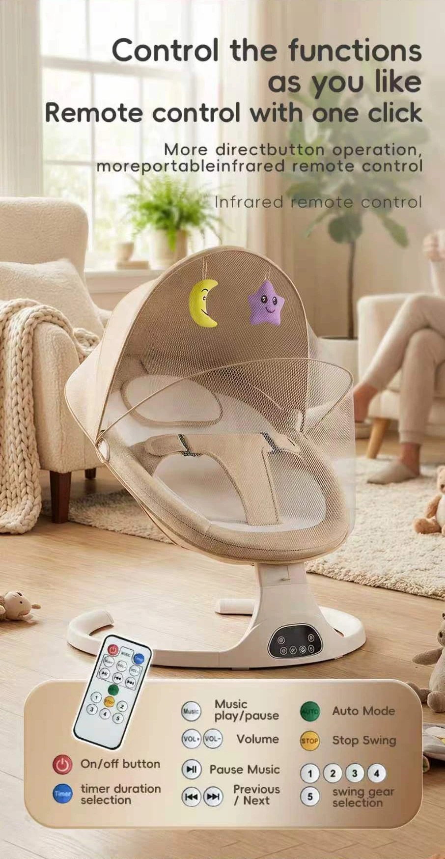 Baby Sleep Electric Swing Chair 15KG Capacity Infant Rocker Bouncer with Gentle Sway 5 Speed Motion Bluetooth Music Remote Control Adjustable Recline Timer Breathable Canopy Safety Harness Portable Baby Care Chair
