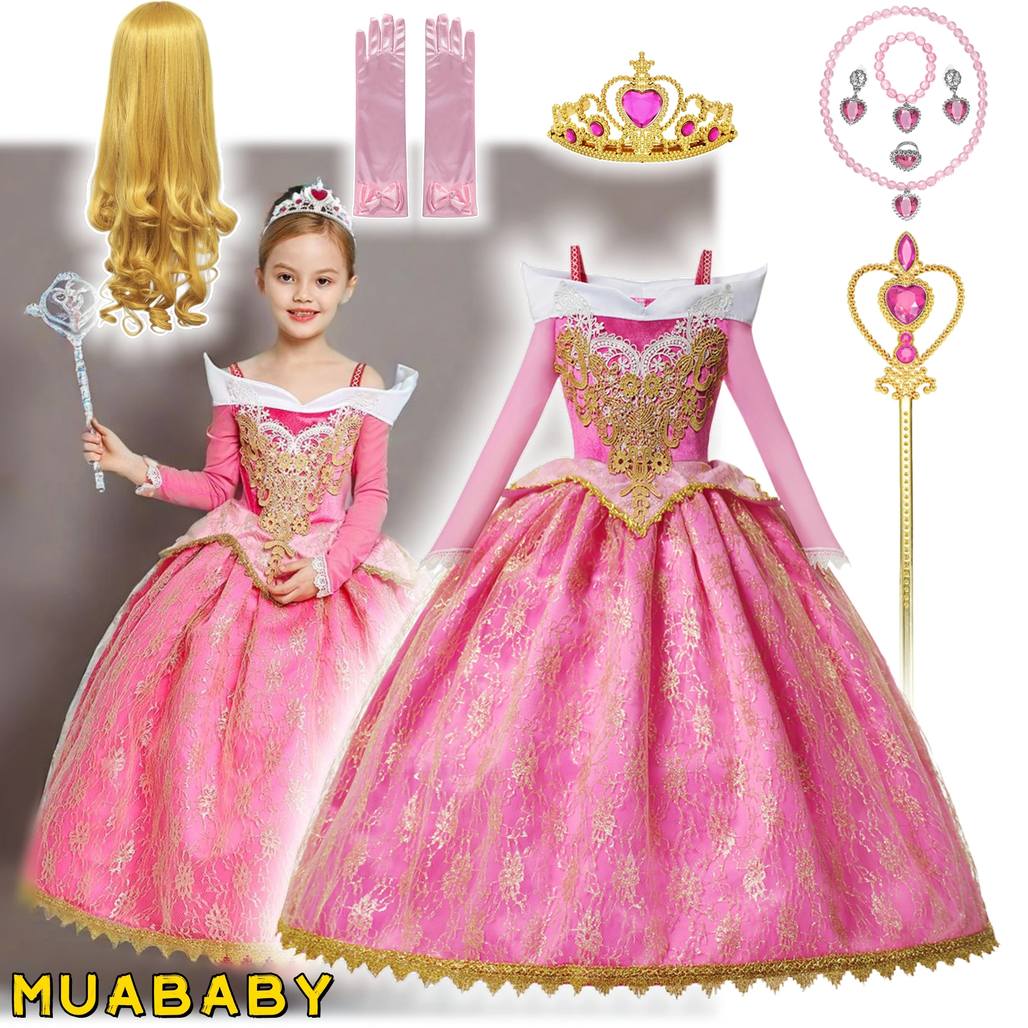 Muababy Sleeping Beauty Pink Off Shoulder Gown for Girls Long Sleeve Princess Halloween Party Cosplay Costume 2-8Y Birthday Gift