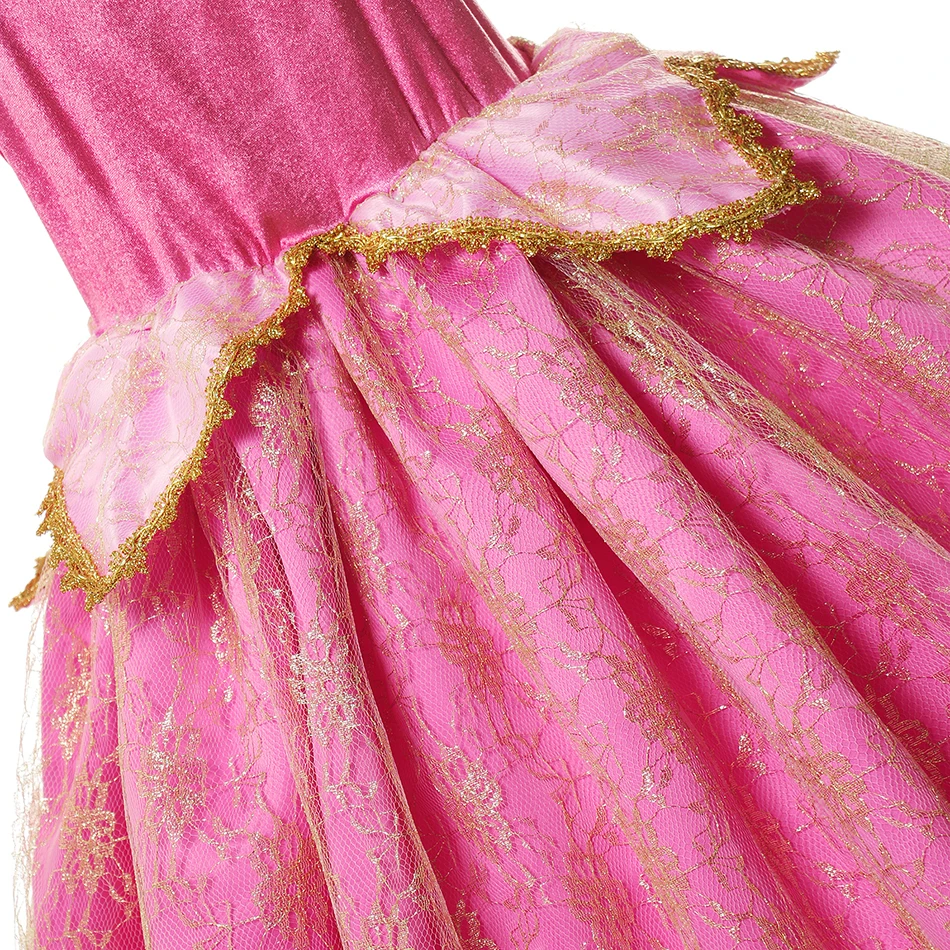 Muababy Sleeping Beauty Pink Off Shoulder Gown for Girls Long Sleeve Princess Halloween Party Cosplay Costume 2-8Y Birthday Gift