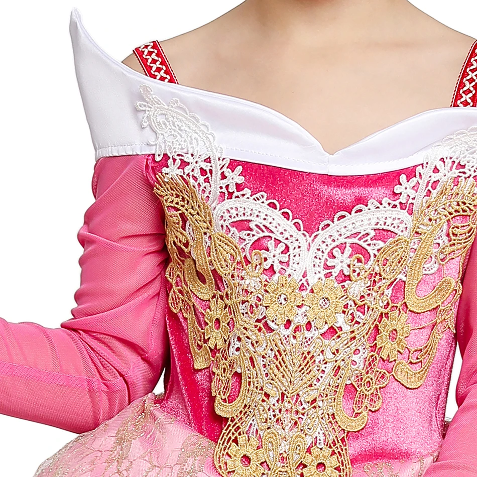 Muababy Sleeping Beauty Pink Off Shoulder Gown for Girls Long Sleeve Princess Halloween Party Cosplay Costume 2-8Y Birthday Gift