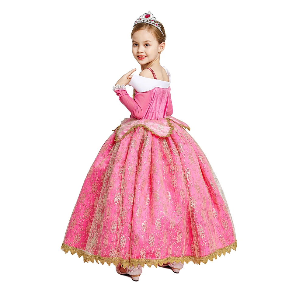Muababy Sleeping Beauty Pink Off Shoulder Gown for Girls Long Sleeve Princess Halloween Party Cosplay Costume 2-8Y Birthday Gift